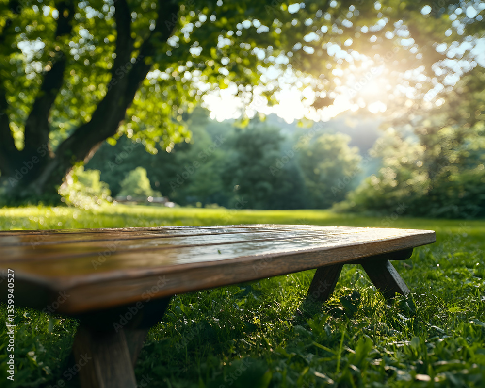 Fototapeta premium Sunny park bench, green grass, forest background; product display