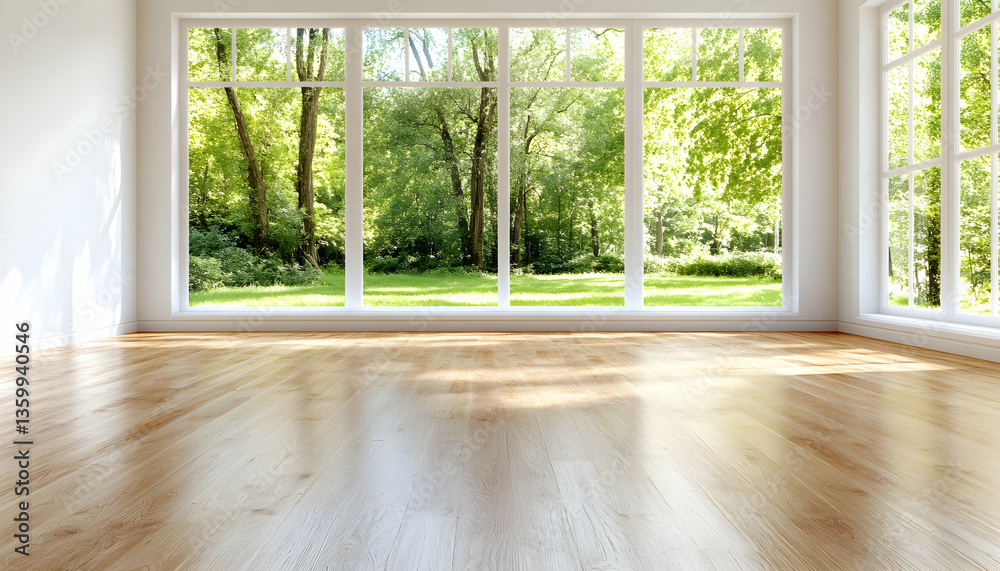 Fototapeta premium Sunny room, hardwood floor, forest view, interior design