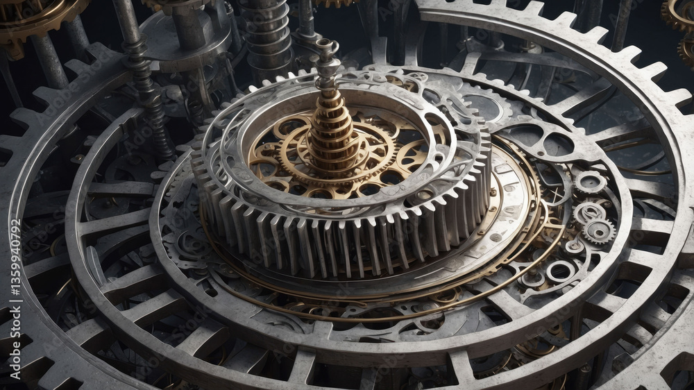 Intricate machinery showcasing detailed gears and cogs in motion within an industrial setting Intricate machinery showcasing detailed gears and cogs in motion within an industrial setting