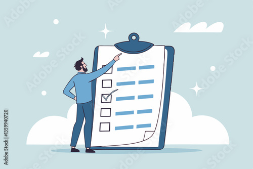 Complete checklist or finishing checkbox, task done within deadline, complete tasks list or project, approval or achievement concept, businessman put tick on complete checklist on paper clipboard.