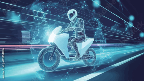 The image depicts a stylized, wireframe rendering of a motorcyclist on a futuristic motorcycle. The motorcyclist is wearing a helmet and is depicted riding at high speed. The background features