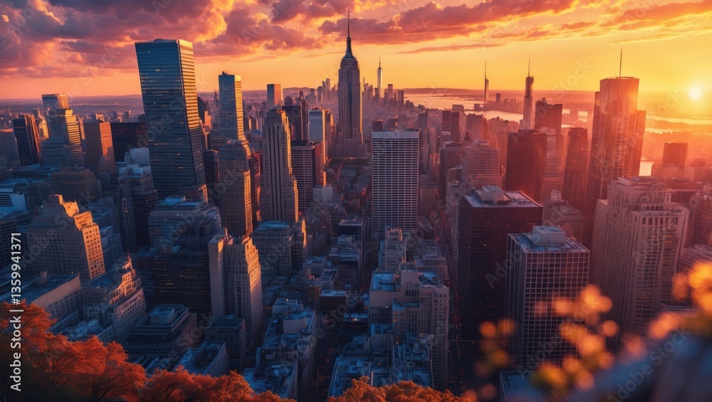 Obraz premium A stunning and dramatic panoramic view of the skyline, captured on a golden evening post-sunset.