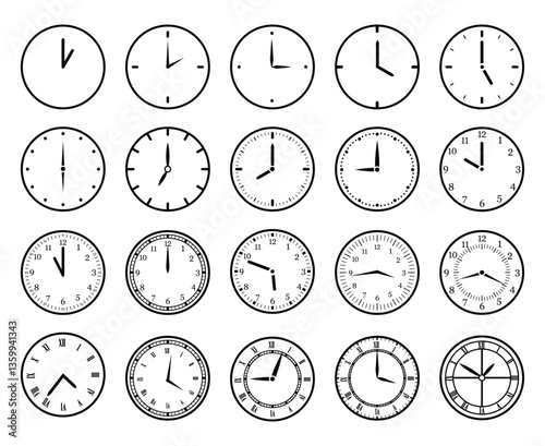 Different clocks set, without numbers, with numbers, Roman numerals