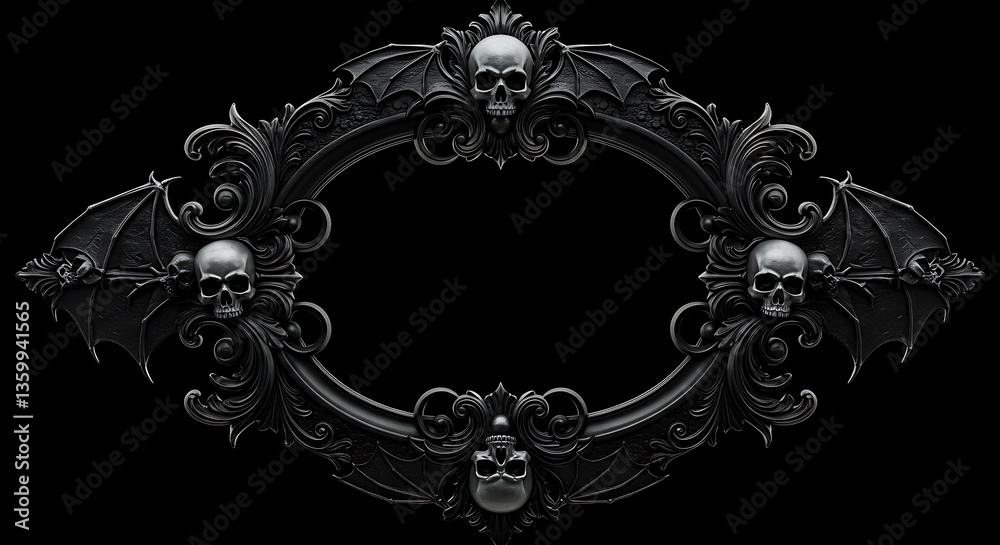 Fototapeta premium Gothic black background with skulls and bats, AI 