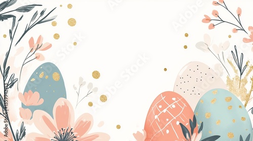 A modern Easter greeting card design with minimalist floral patterns, pastel egg illustrations, and a gold foil accent. 
