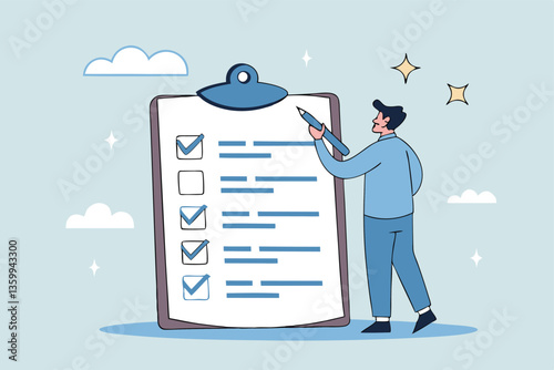 Complete checklist or finishing checkbox, task done within deadline, complete tasks list or project, approval or achievement concept, businessman put tick on complete checklist on paper clipboard.