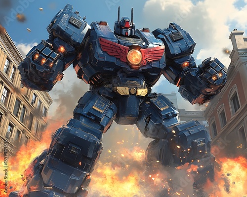 A massive metallic robot causing destruction amongst city buildings