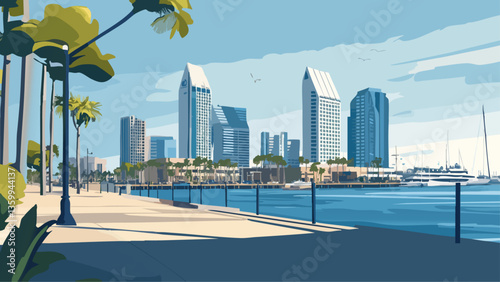San Diego Embarcadero at Sunset – Vector Art