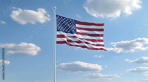 The American flag flies proudly on a pole in a bright blue sky adorned with fluffy, white clouds, showcasing vibrant colors and details