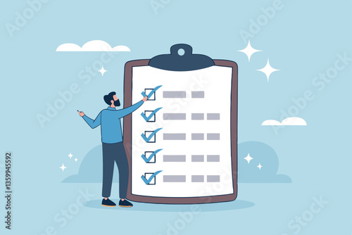 Complete checklist or finishing checkbox, task done within deadline, complete tasks list or project, approval or achievement concept, businessman put tick on complete checklist on paper clipboard.