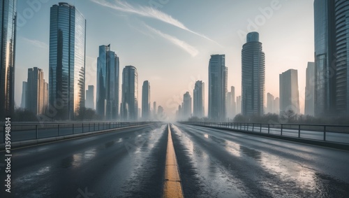 A perspective of an unoccupied asphalt road alongside a skyline featuring modern buildings.