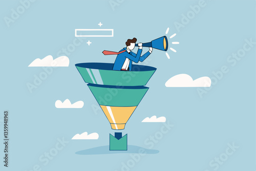 Marketing funnel sales prospect discovery, lead generation or Martech and analytics optimization, insight or customer data, conversion rate concept, businessman look binoculars in marketing funnel.