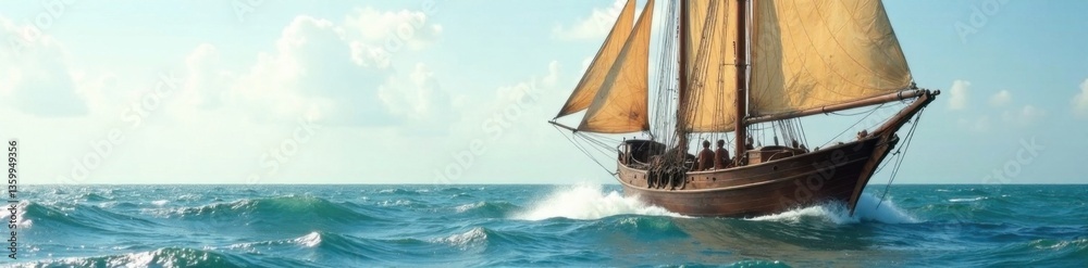 Obraz premium Vintage wooden boat sailboats gently swaying in ocean waves, sailing, ocean