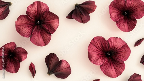 Floral pattern. Dark red petunias bloom on a light neutral backdrop. Minimal. Delicate