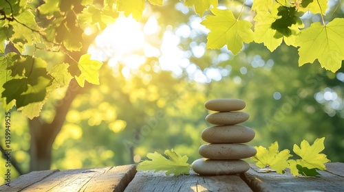 Harmonious Stack of Zen Stones on Wood.