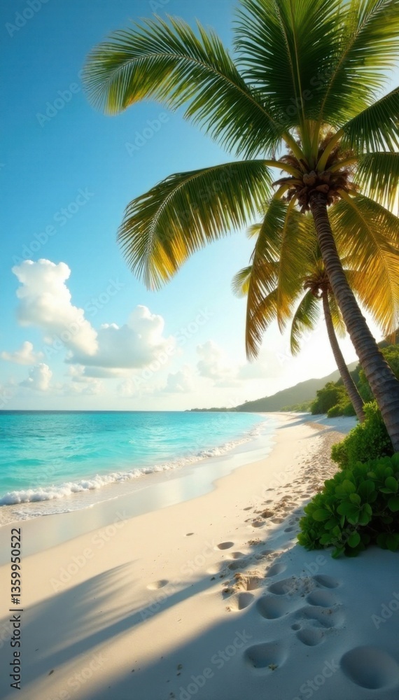 Obraz premium Warm sandy beach with palm trees swaying in gentle ocean breeze, weathered wood, beach