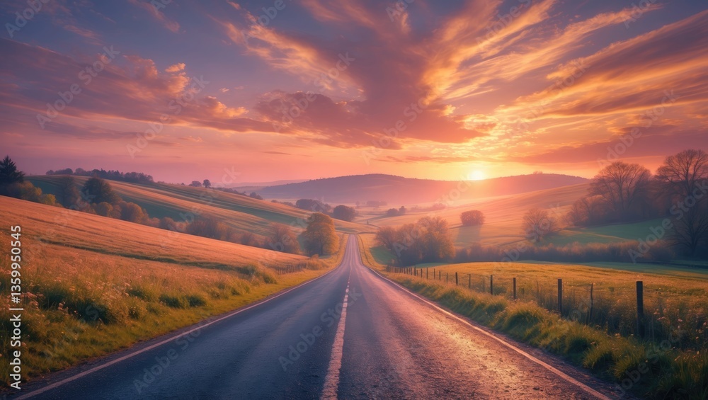 Naklejka premium A perspective of an asphalt road in the countryside during a lovely spring evening.