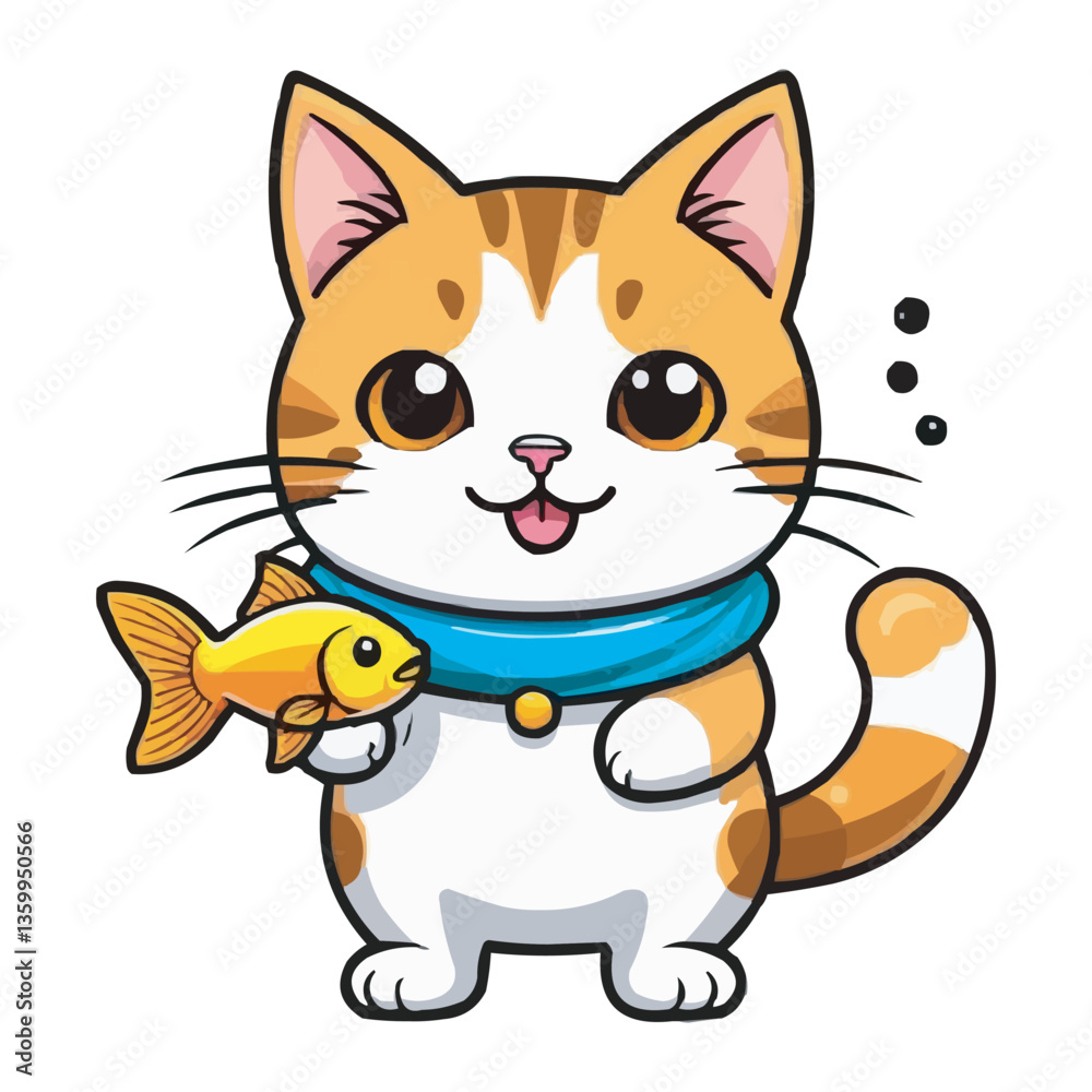 Fototapeta premium Cute Cat Hanging On Fish Cartoon Vector Icon Illustration Animal Food Icon Concept Isolated Flat. Cute cat holding fish cartoon illustration. A cute cat with a fish