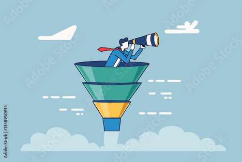 Marketing funnel sales prospect discovery, lead generation or Martech and analytics optimization, insight or customer data, conversion rate concept, businessman look binoculars in marketing funnel.