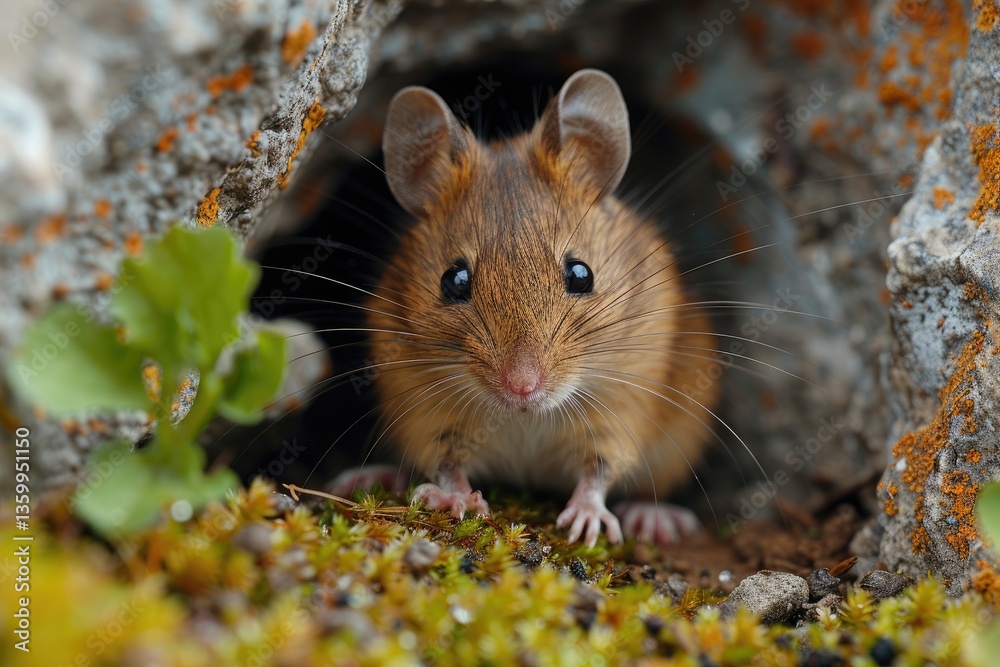 A curious mouse peeks from its rocky den looking forward A curious mouse peeks from its rocky den looking forward