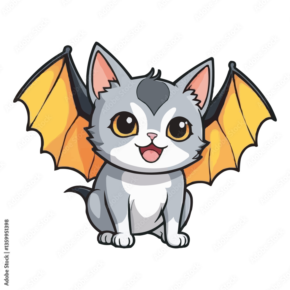Obraz premium Cute Chibi White Bat with Wings and Big Eyes Adorable Cartoon Illustration. Adorable White Bat Cat Hybrid with Blue Wings Cute Cartoon Illustration on white background