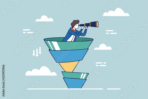 Marketing funnel sales prospect discovery, lead generation or Martech and analytics optimization, insight or customer data, conversion rate concept, businessman look binoculars in marketing funnel.