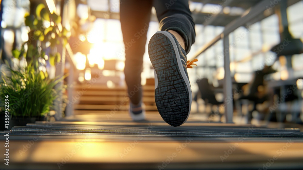 Naklejka premium Close-up view of a person's feet running up a staircase in a modern sunlit office environment emphasizing movement energy and corporate lifestyle dynamics.