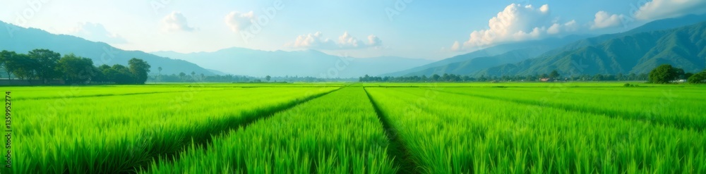 Expansive emerald green paddy fields as far as the eye can see, agriculture views, green fields Expansive emerald green paddy fields as far as the eye can see, agriculture views, green fields