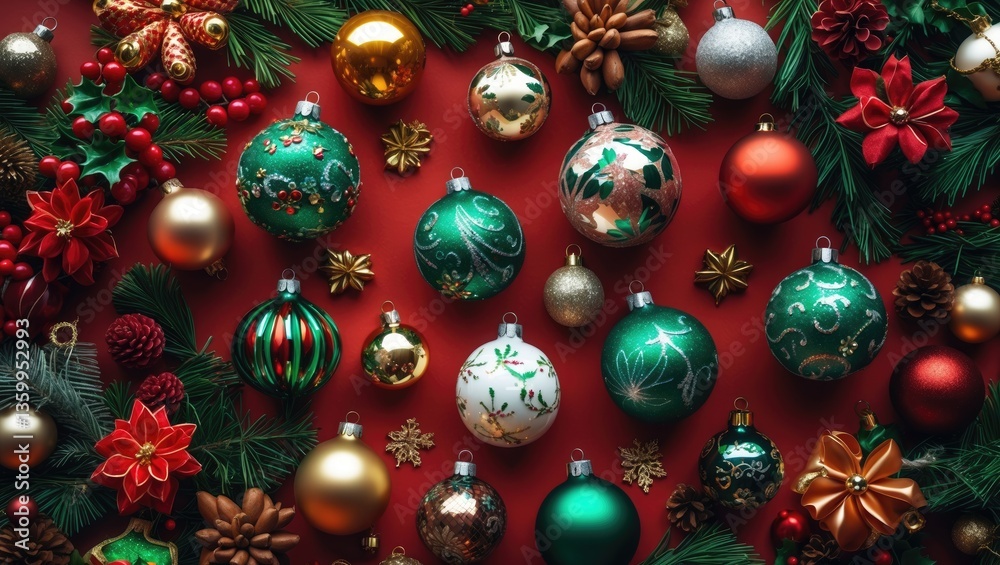 Bird's-eye view of festive Christmas ornaments arrangement Bird's-eye view of festive Christmas ornaments arrangement
