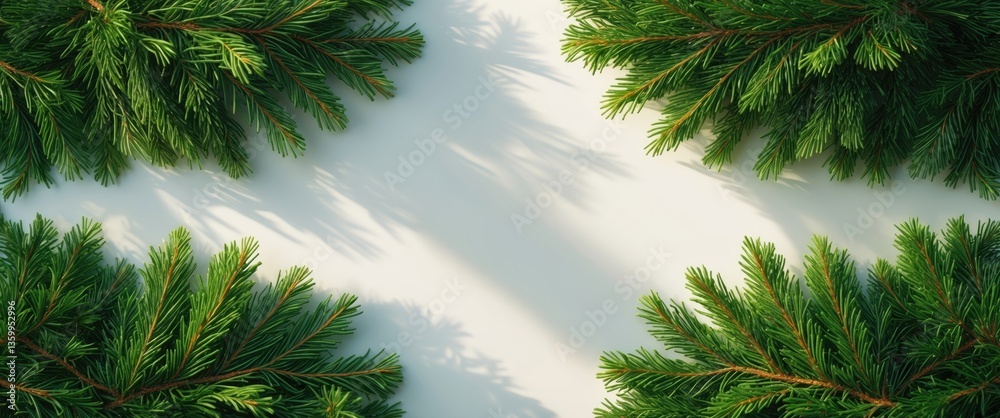Naklejka premium Top perspective of green fir tree branch with needles set against a white background.