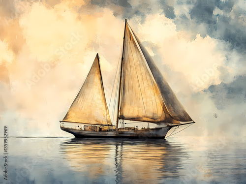 Sailing into Serenity: A serene sailboat glides across calm waters, its sails catching the gentle light of the setting sun.