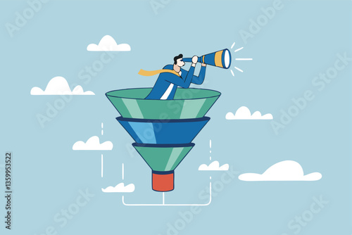 Marketing funnel sales prospect discovery, lead generation or Martech and analytics optimization, insight or customer data, conversion rate concept, businessman look binoculars in marketing funnel.