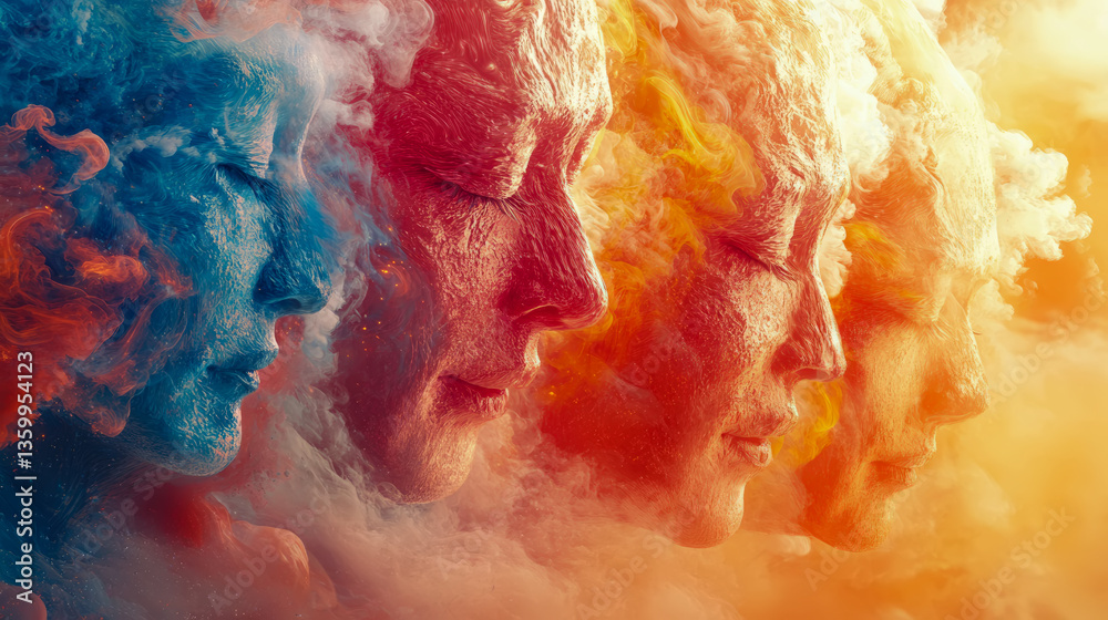 Human Faces Evolving Through Color and Smoke - An Artistic Expression of Transformation and Fluid Identity Human Faces Evolving Through Color and Smoke - An Artistic Expression of Transformation and Fluid Identity