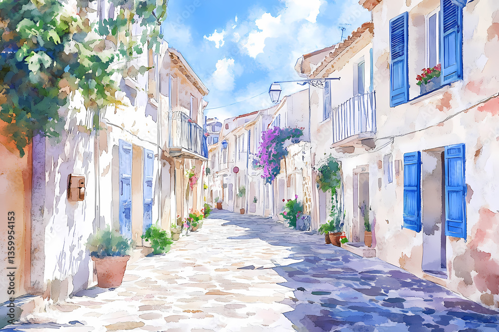 Obraz premium Charming Coastal Street: An inviting, sun-drenched streetscape featuring quaint buildings, lush greenery, and blue accents, transporting viewers to a picturesque Mediterranean town. 