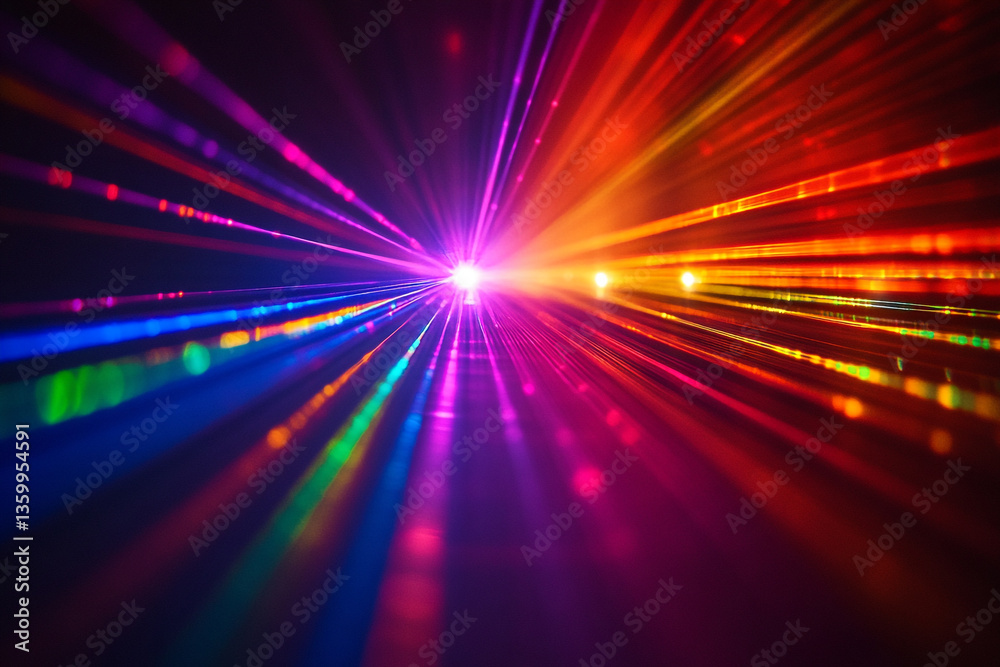 Obraz premium A bright display of colorful laser lights radiating outwards in a dark room with a central light source