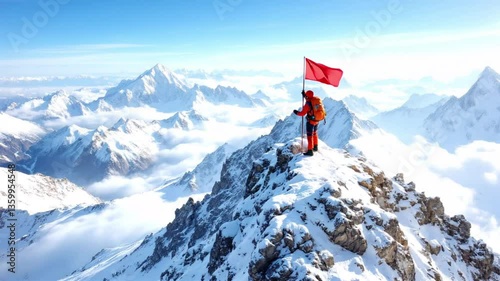 Mountaineer reach the top of snow covered mountain, puts flag at the peak as a sign of accomplishment, aerial view