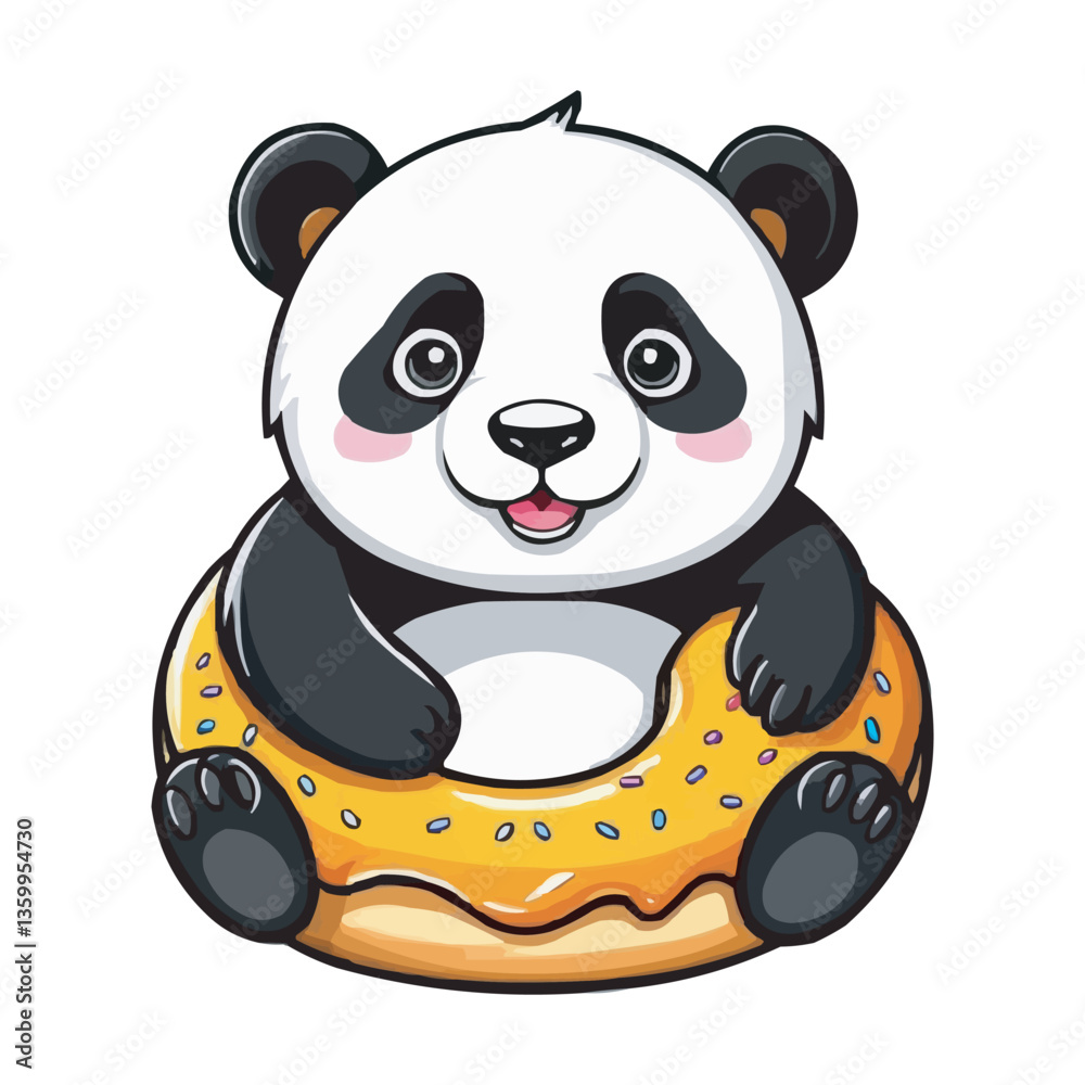 Naklejka premium Cute Panda with Donut Vector Illustration cartoon cute panda vector design climbing and hugging a big donut. Kawaii Panda in Donut Vector Illustration, Cute Animal Design on white background