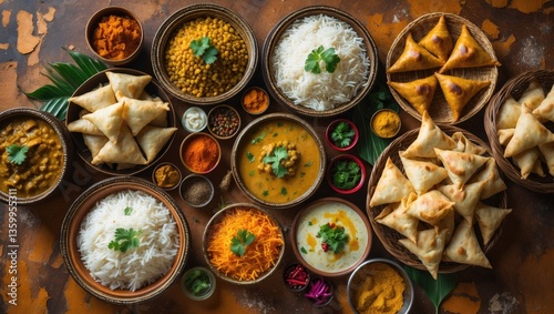 Wallpaper Mural A variety of dishes arranged on a wooden surface. Rice, lentils, paneer, samosas, spices, and an assortment of additional foods and snacks. Bowls and platters overflowing with food. Torontodigital.ca
