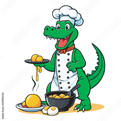 Cute Cartoon Chef Crocodile Holding Cupcake, Animal Chef Vector Illustration. A cartoon chef wearing a white apron and a green hat holding a spoon. Cute Chef Alligator, Cartoon Animal Chef on white bg