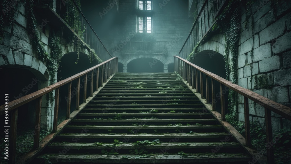 Obraz premium Access Stairs to the upper level in Abandoned Fortress Prison