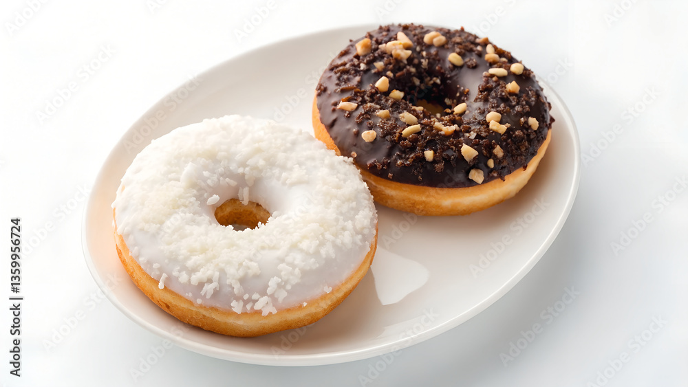Two delicious donuts, one coated with coconut and the other with chocolate, sit invitingly on a white plate. A perfect image to satisfy your sweet cravings! Two delicious donuts, one coated with coconut and the other with chocolate, sit invitingly on a white plate. A perfect image to satisfy your sweet cravings!