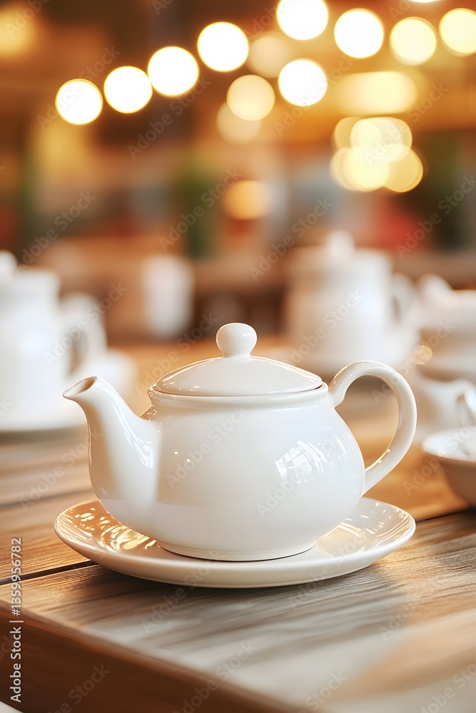 Fototapeta premium White Teapot on Wooden Table in Cafe Setting