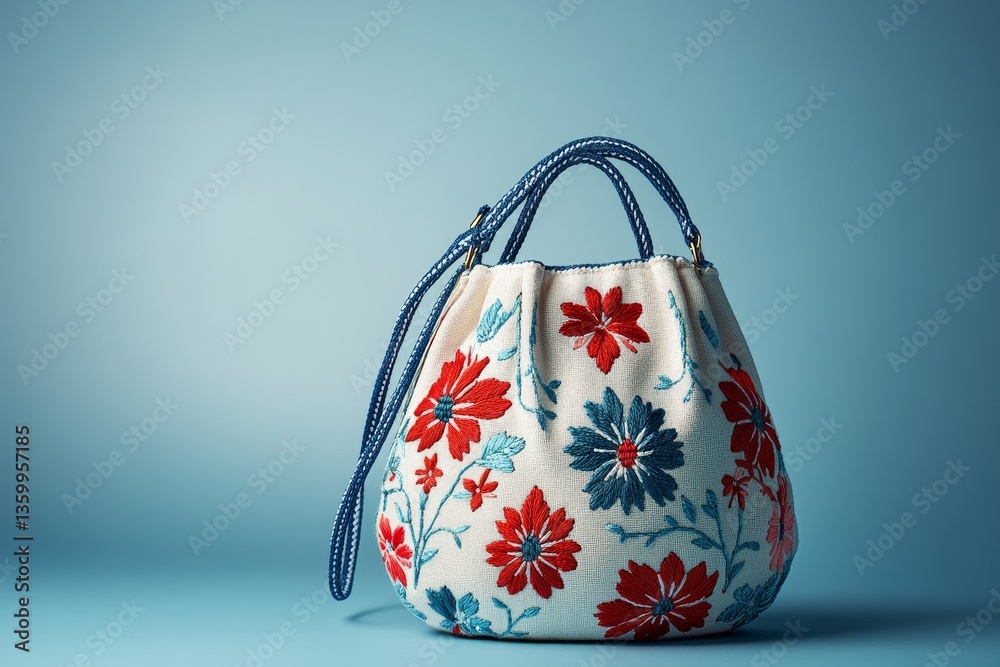 A minimalistic stylish handbag with floral embroidery, featuring red and blue flowers on a cream background against a soft blue backdrop A minimalistic stylish handbag with floral embroidery, featuring red and blue flowers on a cream background against a soft blue backdrop