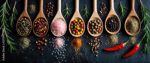 Fototapeta Naklejka Na Ścianę i Meble -  Assortment of herbs and spices arranged in wooden spoons on a dark rustic background viewed from above. Vertical banner of spices.