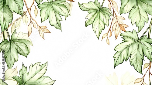Foliage corners of light green, with branches against a white backdrop, creates a decorative frame