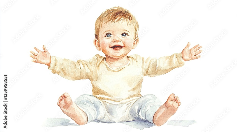 A playful baby boy watercolor illustration, sitting with arms open, soft edges, warm pastel colors, cheerful and inviting, seamless white background. A playful baby boy watercolor illustration, sitting with arms open, soft edges, warm pastel colors, cheerful and inviting, seamless white background.