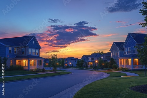 Obraz na płótnie Sunset over suburban neighborhood with houses and a curved street, lawn, and trees. Sky glows w salonie
