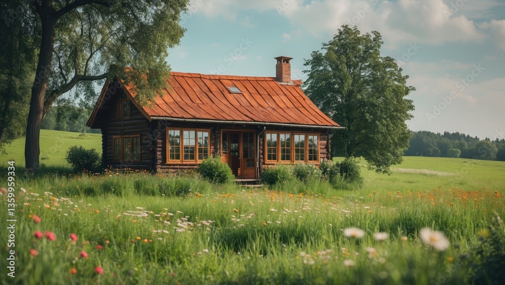 Obraz premium Wooden house in a field, buying or leasing a home in nature, the sector, renting a vacation property, and text area for copy.