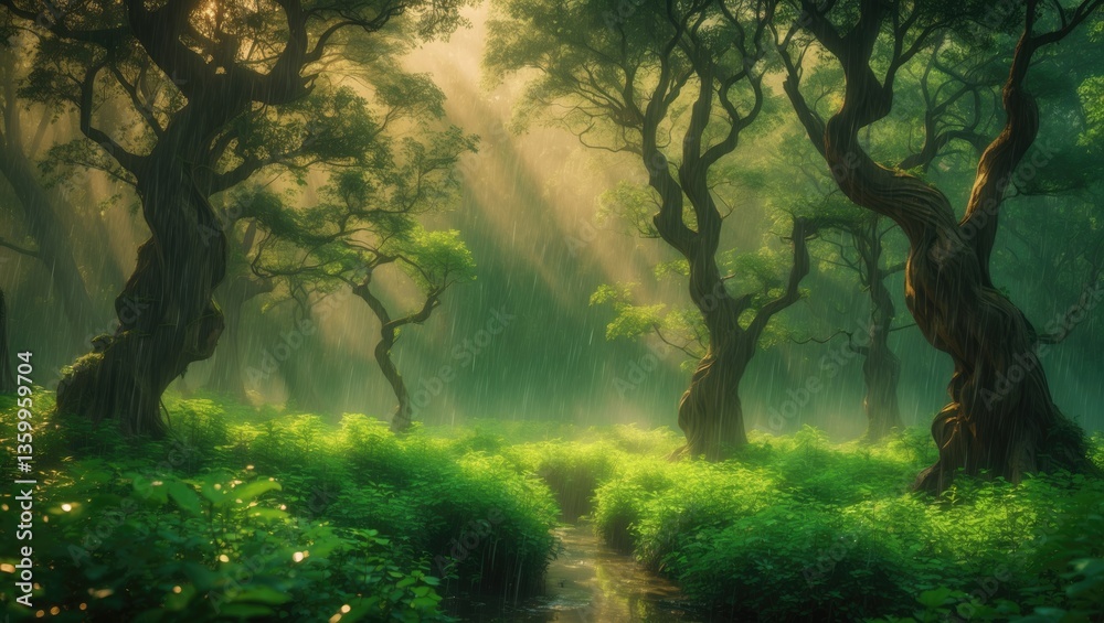 Fototapeta premium Background of intense rainfall in a lovely, lush woodland during summer. Rain in the forest with warm sunlight streaming through the trees. For your design, incorporate abstract natural backdrops.