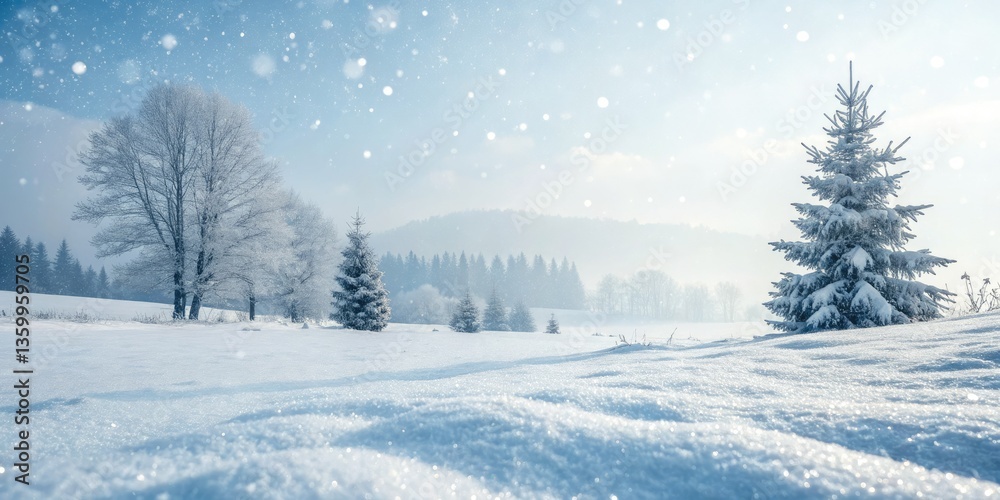 Fototapeta premium Festive snowy background, ideal for Christmas cards. Double exposure creates a winter wonderland with ample copy space.